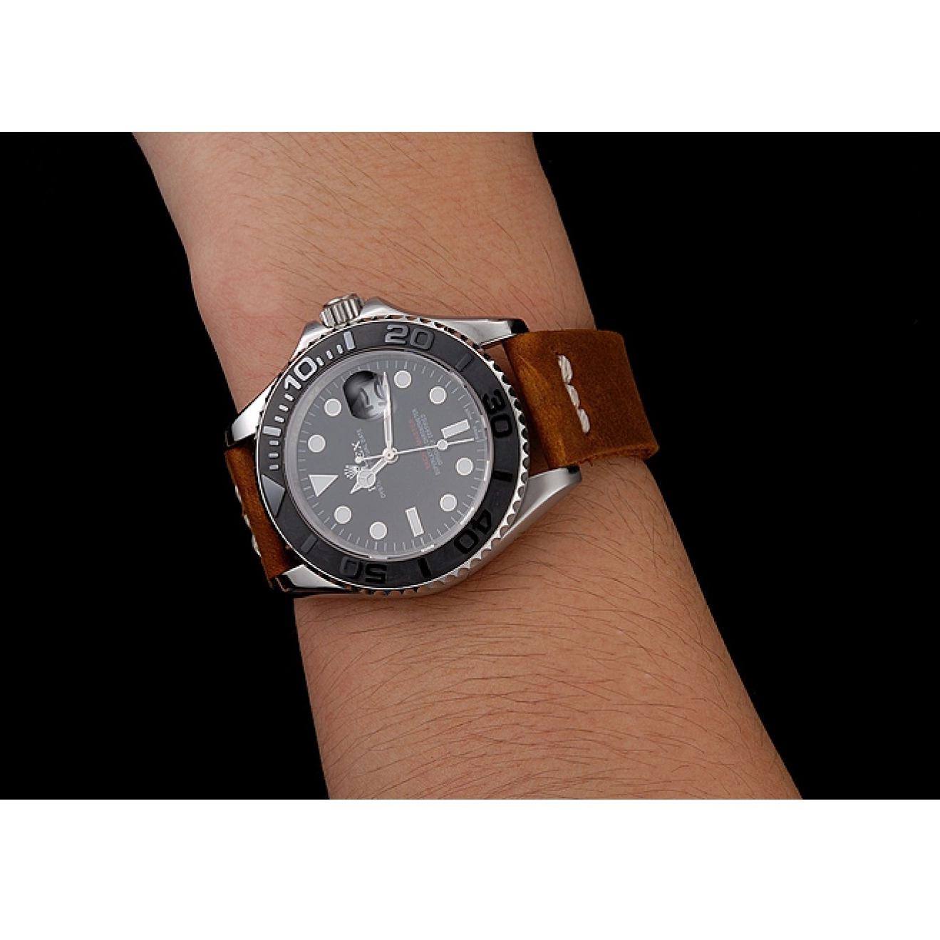 Rolex aaa copy Rolex Bracelet Silver Case 1453859 Yacht Master Brown Black Dial Leather 0616